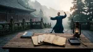 武當山殿前演練內家拳的道人與案上拳譜古籍